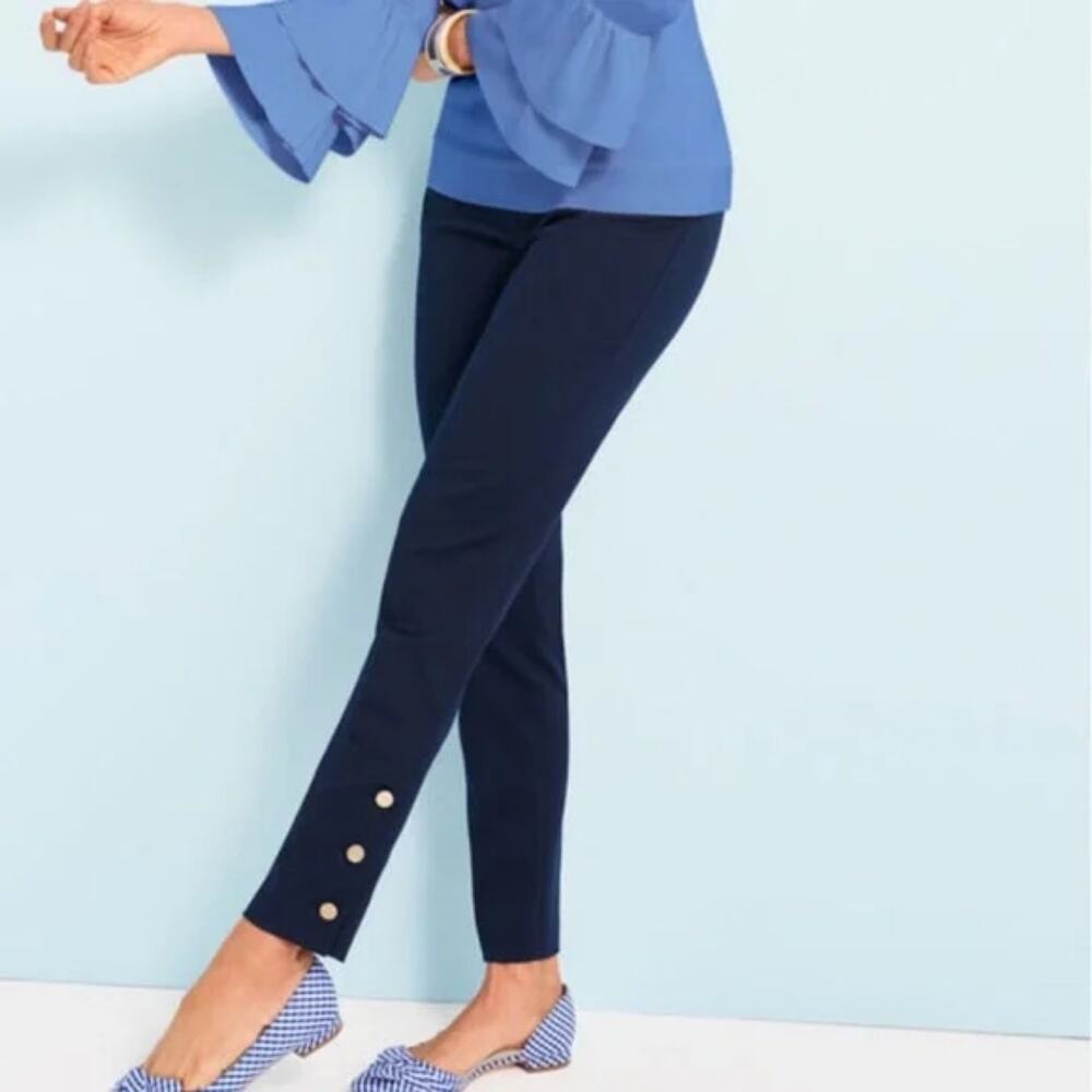 Talbots Womens Hampshire Ankle Trouser Pants 12P Navy Blue‎ Button Cuff Stretch